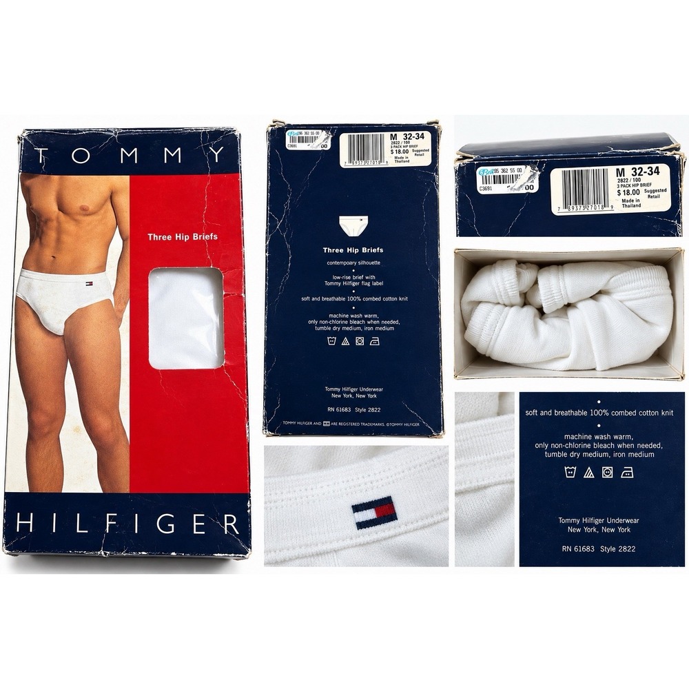 Vintage Tommy Hilfiger Mens Hip Briefs M 32-34 White 3 Pack NOS 100% Cotton